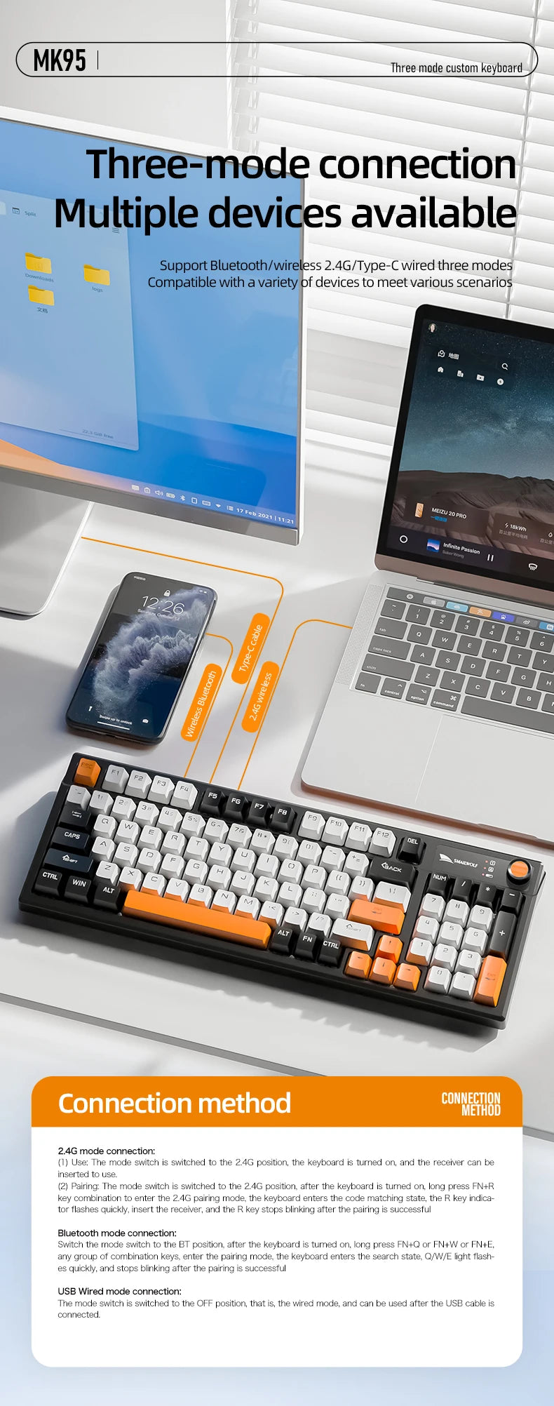 SMAILWOLF MK95 Bluetooth Wireless Three-Mode Mechanical Keyboard Korean Customized Office Gaming Laptop with RGB Lighting Effect