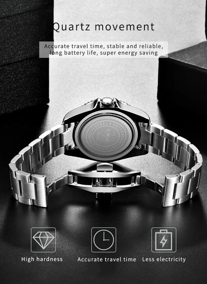 LIGE Men’s Luxury Quartz Watch  Stainless Steel, Luminous Dial, Waterproof & Business Design