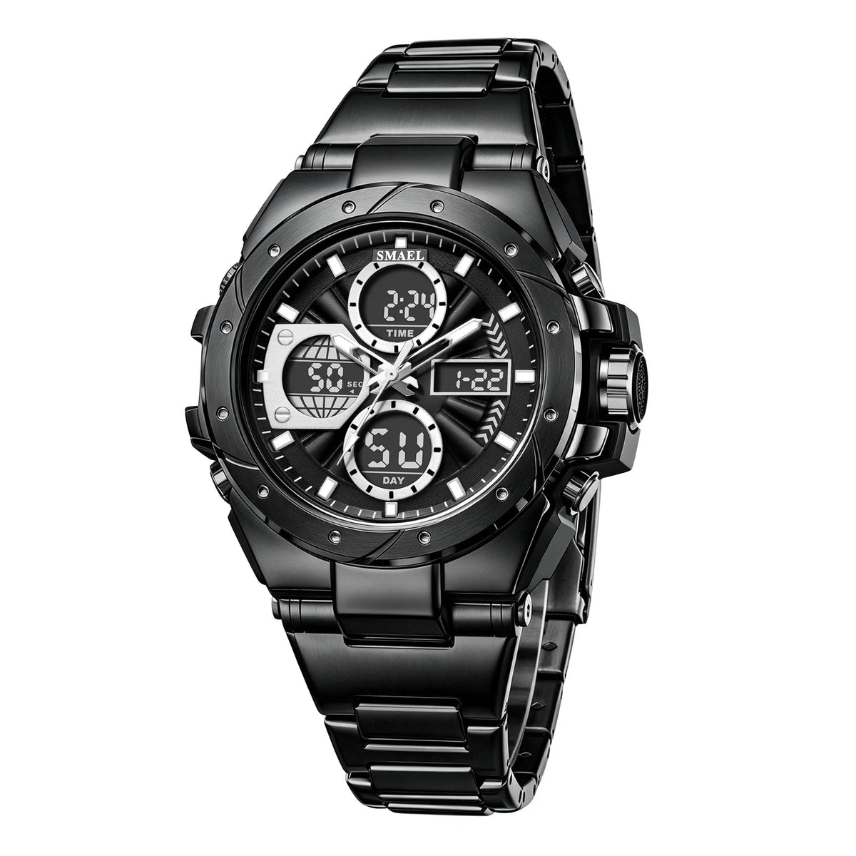 Montre pour homme SMAEL 8160 – Modèle sport militaire, analogique et numérique, en acier inoxydable – Étanche, avec affichage LED, alarme, chronographe et chronomètre