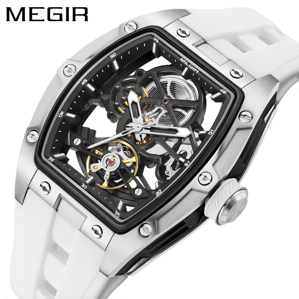 Reloj mecánico para hombre MEGIR, forma de barril, esfera esqueletizada calada, estilo deportivo, correa de silicona, reloj automático de lujo