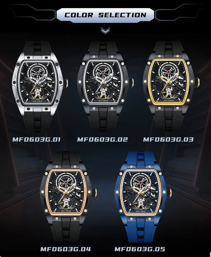 MINI FOCUS Herren-Armbanduhr, modisch, schwarz, wasserdicht, automatische mechanische Uhr mit Leuchtzeigern, Silikonarmband und Tonneau-Zifferblatt