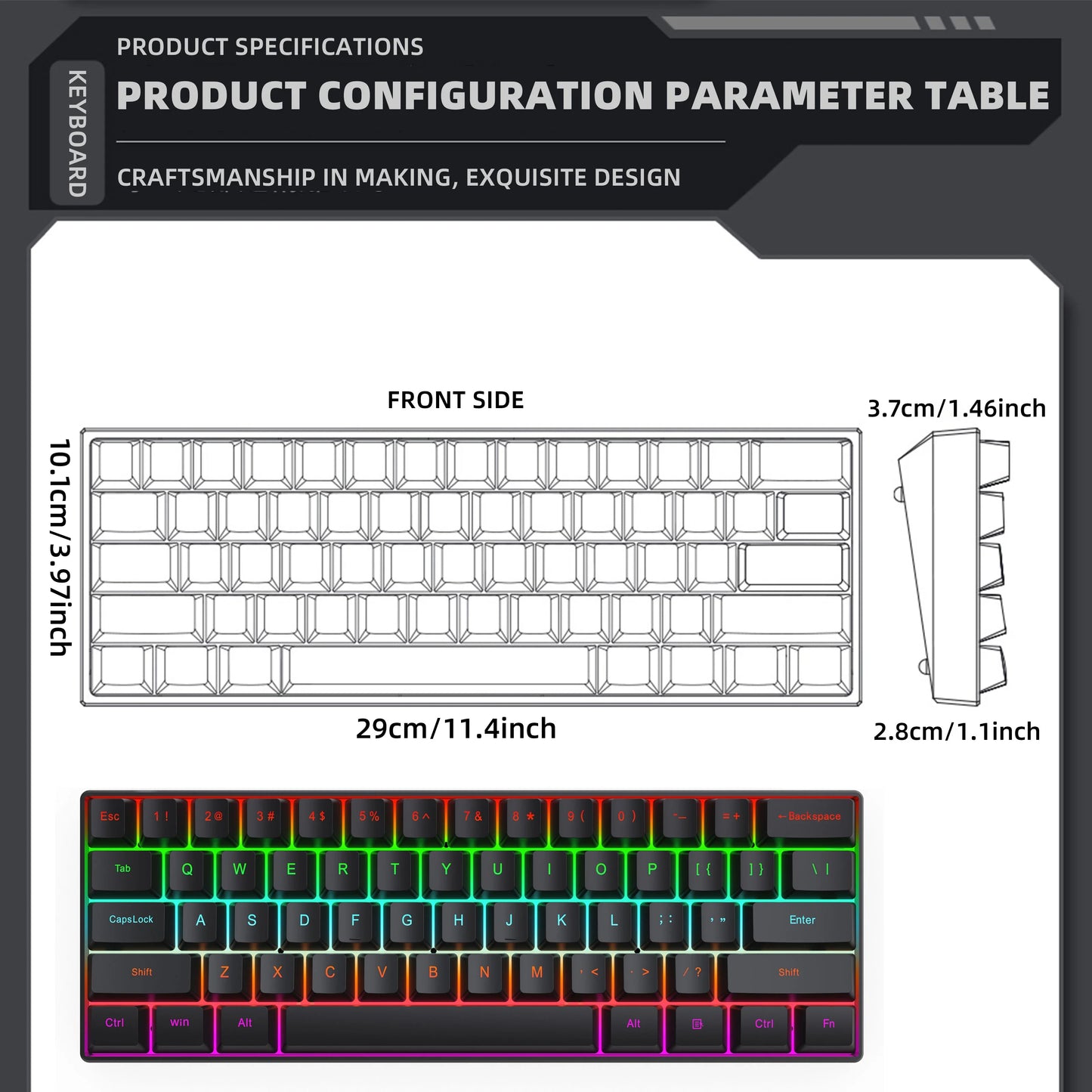 H61K USB-Type C Wired Mechanical Keyboard Red Switch RGB Backlit 61 Keys English Spanish Wired Keyboard for Game Office