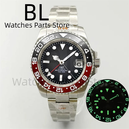 BLIGER 40mm 515 24H GMT Men's Watch Stainless Steel Clasp Luminous Quartz Movement Ceramic Bezel 10Bar Waterproof Sapphire Glass