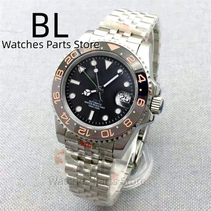BLIGER 40mm NH34 GMT Watch For Men With Black Gray Ceramic Bezel Sapphire Glass Green Gmt Hands Green GMT Text Jubilee Bracelet