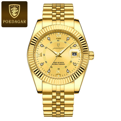 POEDAGAR Herrenuhr – Luxusmodell, wasserdicht, aus Edelstahl, mit Leuchtanzeige, im Militärstil, mit Datumsanzeige, Quarzwerk, ideal für die Arbeit oder berufliche Anlässe.