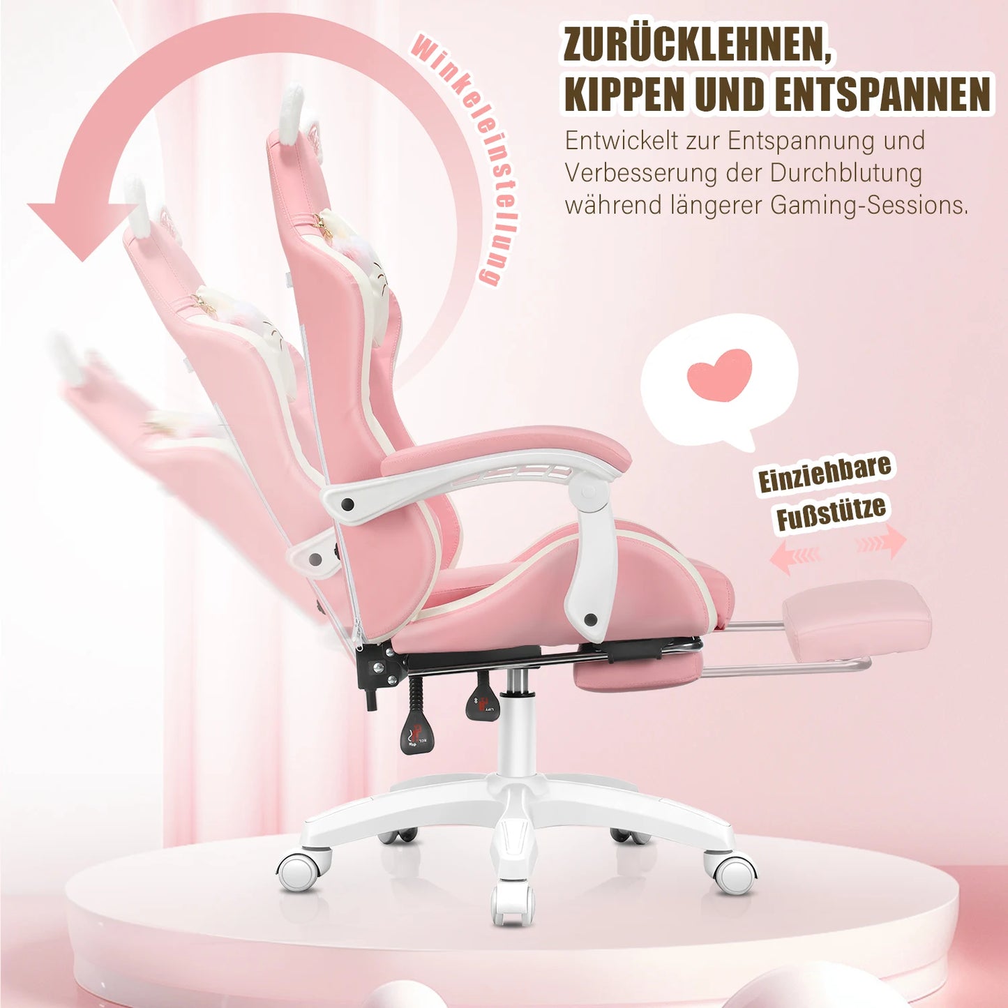 Gaming Chair with Cat Ears, Computer Armchair with Footrest and Lumbar Support, Height Adjustable Game Chair, 360°-Swivel Seat