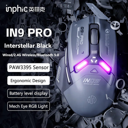 Inphic IN9PRO Wireless Gaming Mouse 26000 DPI Tri-Mode RGB Gaming Mouse, PAW3395 Sensor, Bluetooth 5.0, 2.4G & Wired, 8K Polling Rate Compatible