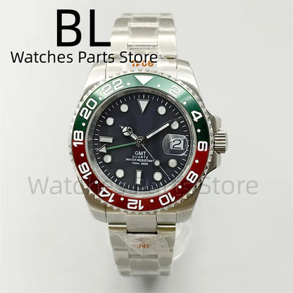 BLIGER 40mm 515 24H GMT Men's Watch Stainless Steel Clasp Luminous Quartz Movement Ceramic Bezel 10Bar Waterproof Sapphire Glass