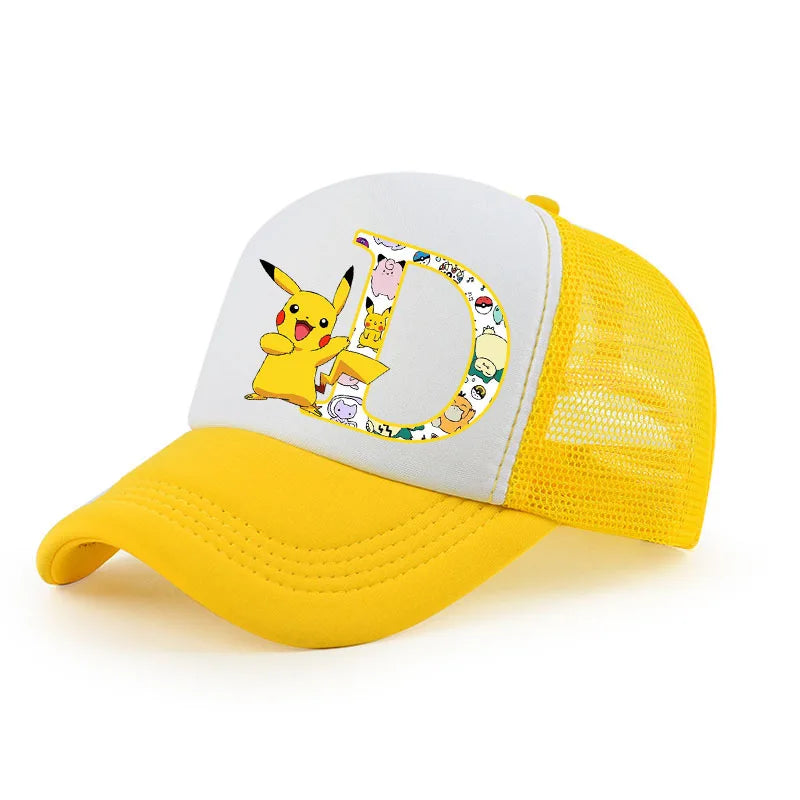Pokemon Print Letter A-Z Pikachu Baseball Cap Girls Hip Hop Yellow Hat Summer Sunhat Outdoor Sport Shade Caps Gifts
