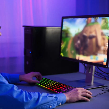 Computer-Gaming-Tastatur mit RGB-Hintergrundbeleuchtung, leise kabelgebundene USB-Tastatur für Büro und Zuhause – Russisch, Französisch, Spanisch, Deutsch, Arabisch, Englisch