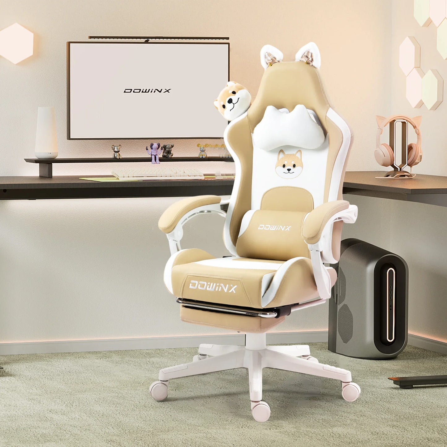 Cuki gamer szék macskafülekkel, lábtartóval, rózsaszín kawaii számítógépes szék, ergonomikus, magas háttámlás gamer ülés macskamancsos deréktámasszal