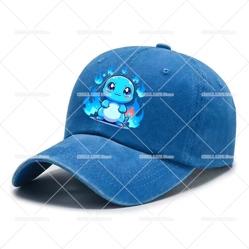 Kawaii Pokemons Adult Washed Baseball Cap Pikachu Mewtwo Bulbasaur Peak Cap Cute Cartoon Men Women Travel Sunshade Beach Sunhat