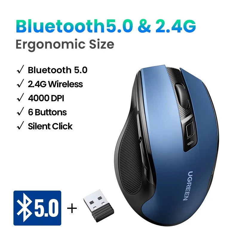 Bezdrátová myš UGREEN Bluetooth 5.0, ergonomická myš 4000 DPI se 6 tichými tlačítky pro MacBook, tablet, notebook, počítač PC, 2.4G myši