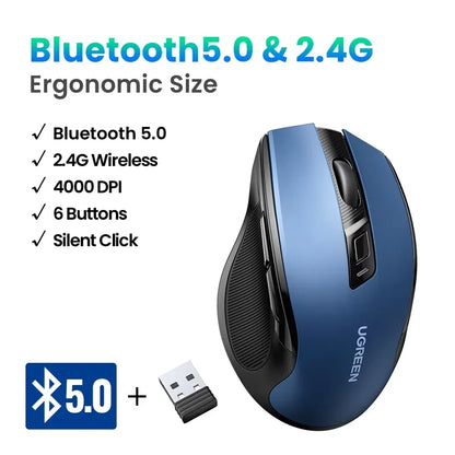 Bezdrátová myš UGREEN Bluetooth 5.0, ergonomická myš 4000 DPI se 6 tichými tlačítky pro MacBook, tablet, notebook, počítač PC, 2.4G myši
