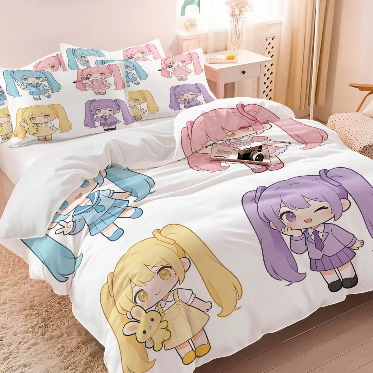 Komplet posteljnine Hatsune Miku v slogu chibi – simpatična anime posteljnina z vzglavniki za igralno sobo, dekoracija za otroško in najstniško spalnico, darilo za oboževalce