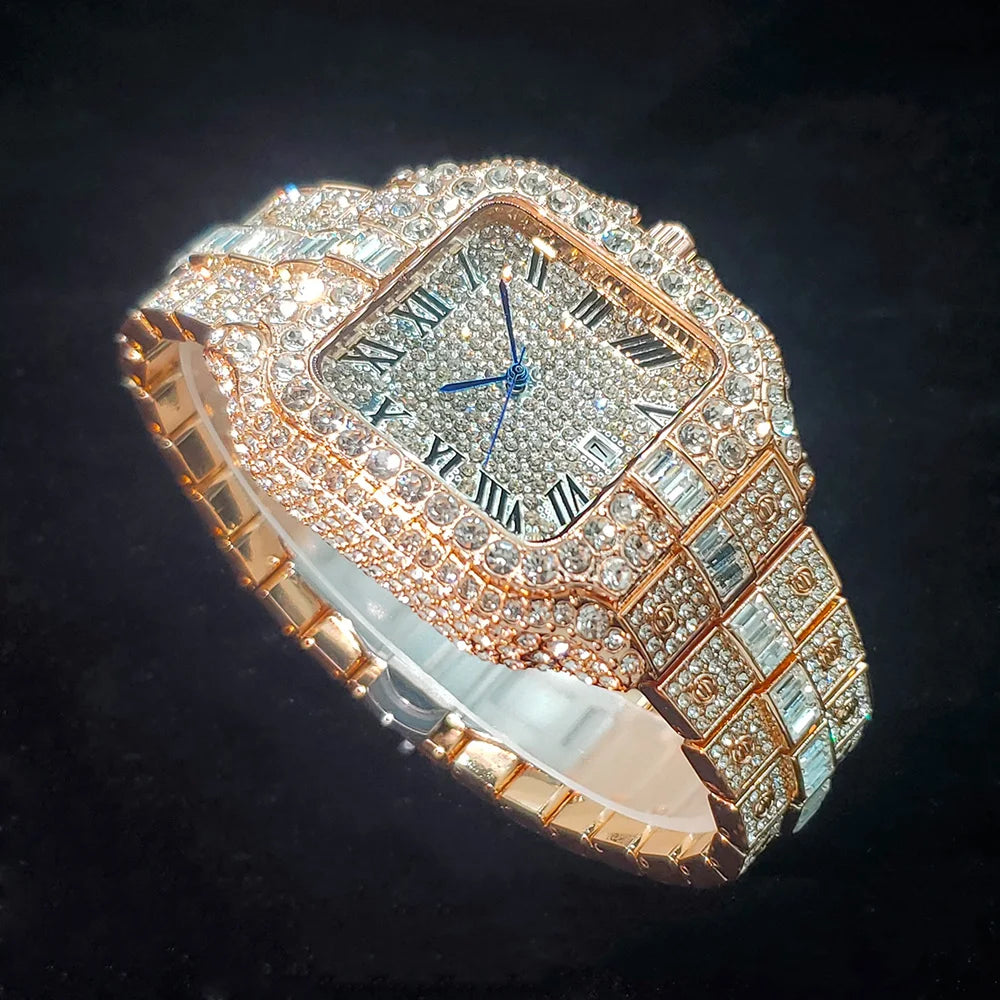 Luxury Diamond Watch for Men Hip Hop Style Bling Bling Iced Out Wristwatch Fashion Square Stainless Steel Waterproof Clock 2024
