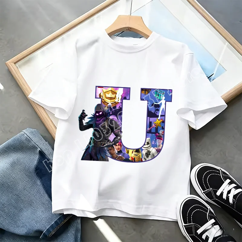Тениска Fortnite A-Z Alphabet Print за деца, лятна бяла дреха, популярна тениска с анимационна игра, модерен ежедневен топ с къс ръкав, подарък