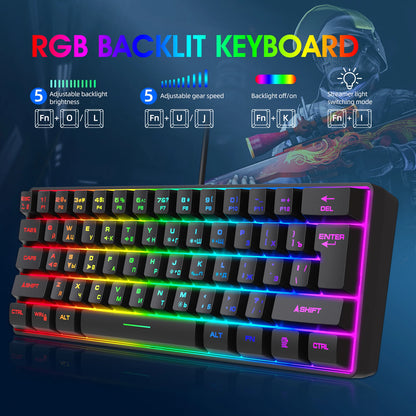 Gaming Keyboard,Russian/English RGB Backlit 61 Key Ultra-Compact Keyboard, Waterproof Mechanical Feeling Office aming Keyboards