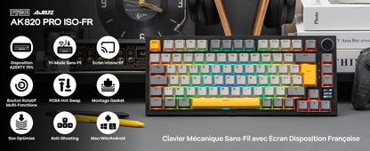 ISO-FR Layout EPOMAKER X AJAZZ AK820 PRO 75% AZERTY French Hot-Swap Wired/BT/2.4GHz Wireless Mechanical Keyboard for Win/Mac/PC