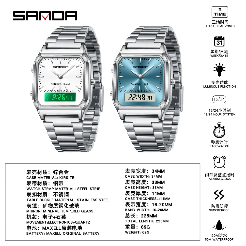 SANDA 747 Men’s & Women’s Luxury Digital Sports Watch  Stainless Steel, LED Dual Display & Waterproof