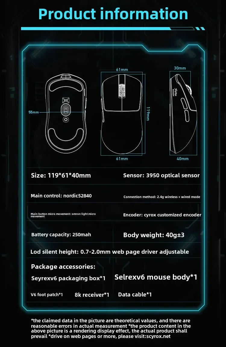 SCYROX V6 neporozna brezžična esports miška 40g 750IPS z 8k sprejemnikom, hitrim odzivom 3950, visoko kakovostjo 8KHz, gaming miška