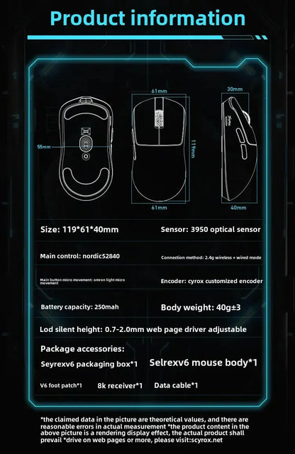 SCYROX V6 neporozna brezžična esports miška 40g 750IPS z 8k sprejemnikom, hitrim odzivom 3950, visoko kakovostjo 8KHz, gaming miška