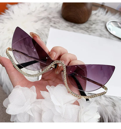 Sexy Cat Eye Rimless Sunglasses Women 2026 Luxury Brand Trendy Rhinestone Sun Glasses Punk Metal Frame Eyewear Outdoor Shades