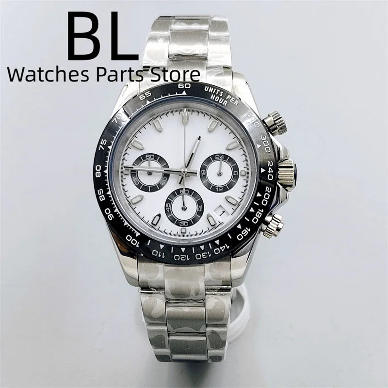 BLIGER 39mm VK63 Men's Quartz Chronograph Watch Ceramic Brown Insert Ice Blue Dial With C3 Luminous Sapphire Crystal Waterproof