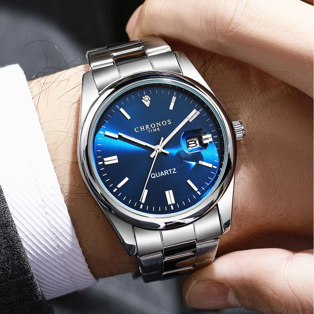 Orologio da polso da uomo CHRONOS – Marchio di lusso, impermeabile, luminescente, con datario, in acciaio inossidabile, con movimento al quarzo.