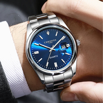 Orologio da polso da uomo CHRONOS – Marchio di lusso, impermeabile, luminescente, con datario, in acciaio inossidabile, con movimento al quarzo.