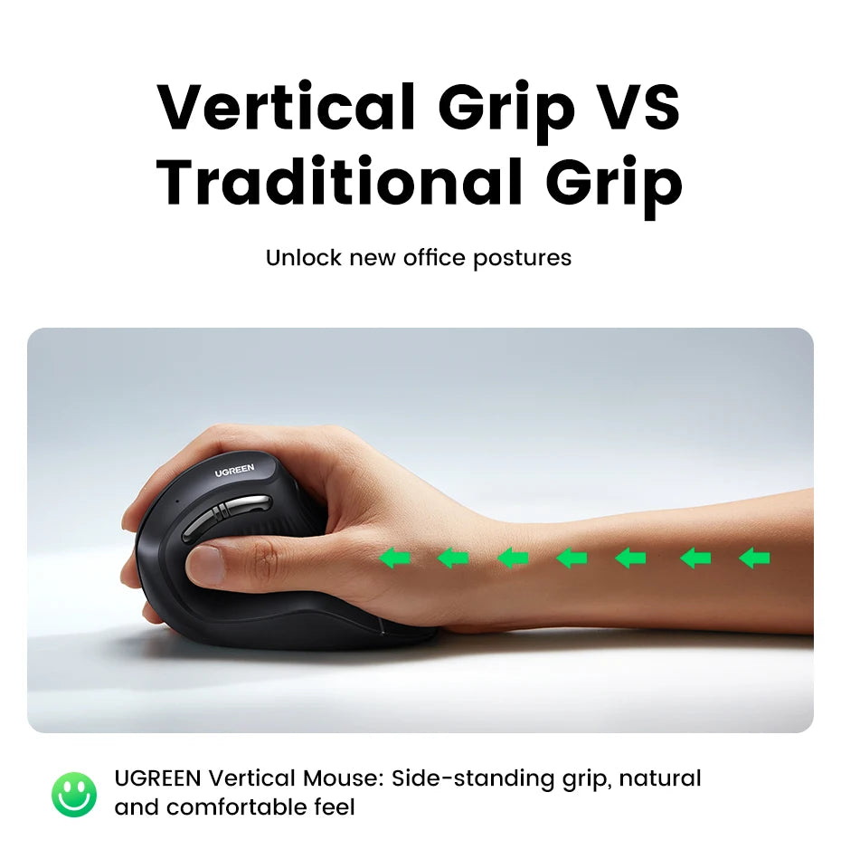 UGREEN Vertical Mouse Wireless Bluetooth 5.0 2.4G Ergonomic 4000DPI 6 Mute Buttons for MacBook Tablet Laptops Computer PC Mice