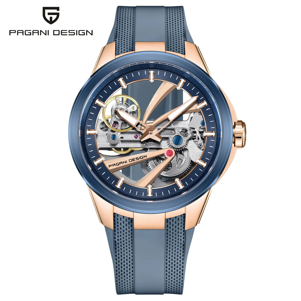 PAGANI DESIGN -miestenkello – Mekaaninen automaattinen luksusmalli, ”skelettityyppinen” (avoin rakenne), varustettu tourbillon-mekanismilla, heijastamattomalla safiirilasilla, vesitiivis ja valoa heijastava.