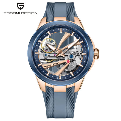 PAGANI DESIGN -miestenkello – Mekaaninen automaattinen luksusmalli, ”skelettityyppinen” (avoin rakenne), varustettu tourbillon-mekanismilla, heijastamattomalla safiirilasilla, vesitiivis ja valoa heijastava.