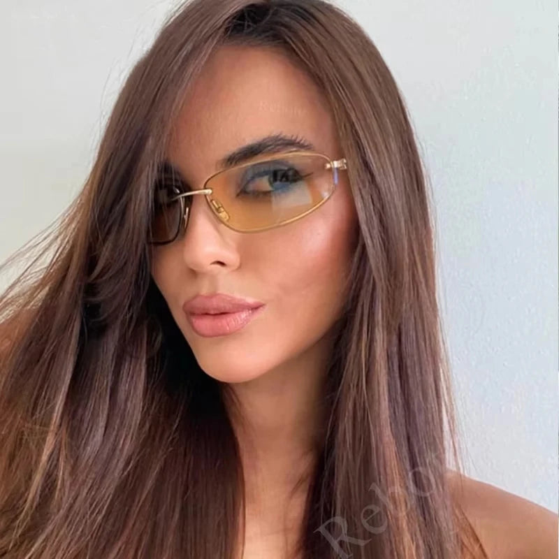 Gradient Oval Frameless Women's Sunglasses High Quality Luxury Brand Y2k Rimless Glasses Women High-end Punk Popular Shades UV