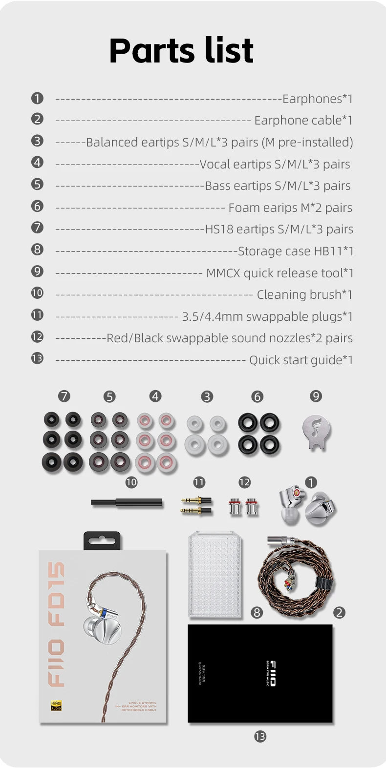 FiiO FD15 Hi-Res Dynamic Driver In-Ear Earphones, 13.8mm DLC Wired HiFi Earbuds with Magnalium Driver, MMCX Detachable Cable, Audiophile In-Ear Monitors