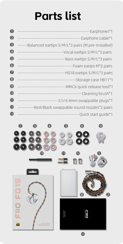 FiiO FD15 Hi-Res Dynamic Driver In-Ear Earphones, 13.8mm DLC Wired HiFi Earbuds with Magnalium Driver, MMCX Detachable Cable, Audiophile In-Ear Monitors
