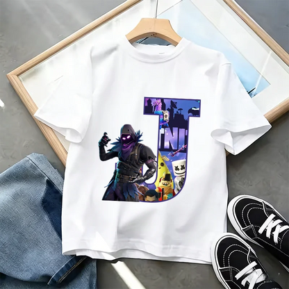 Тениска Fortnite A-Z Alphabet Print за деца, лятна бяла дреха, популярна тениска с анимационна игра, модерен ежедневен топ с къс ръкав, подарък