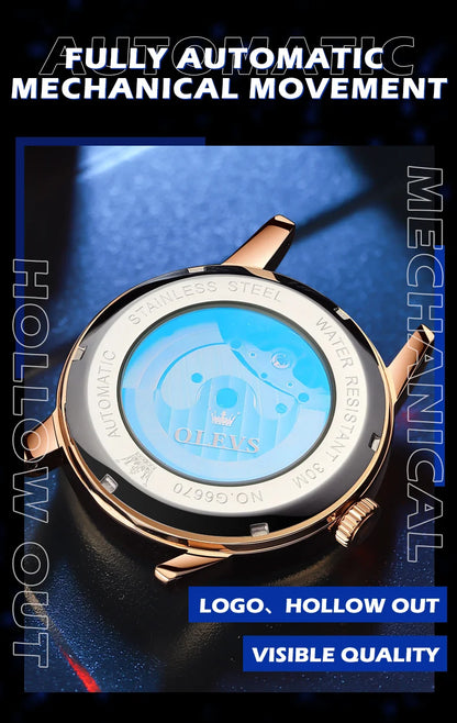 OLEVS Top Brand Men's Skeleton Mechanical Watch, Waterproof Leather Strap, Moon Phase, Automatic Tourbillon Wristwatch