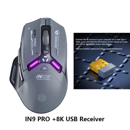 Inphic IN9PRO Wireless Gaming Mouse 26000 DPI Tri-Mode RGB Gaming Mouse, PAW3395 Sensor, Bluetooth 5.0, 2.4G & Wired, 8K Polling Rate Compatible