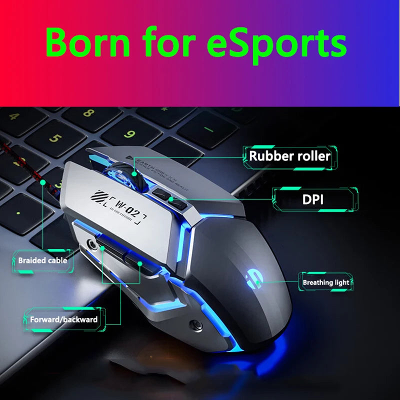 Inphic W2 2. generace USB kabelová herní myš, tiché kliknutí, kovový styl, 6 tlačítek s programováním maker, 8800DPI