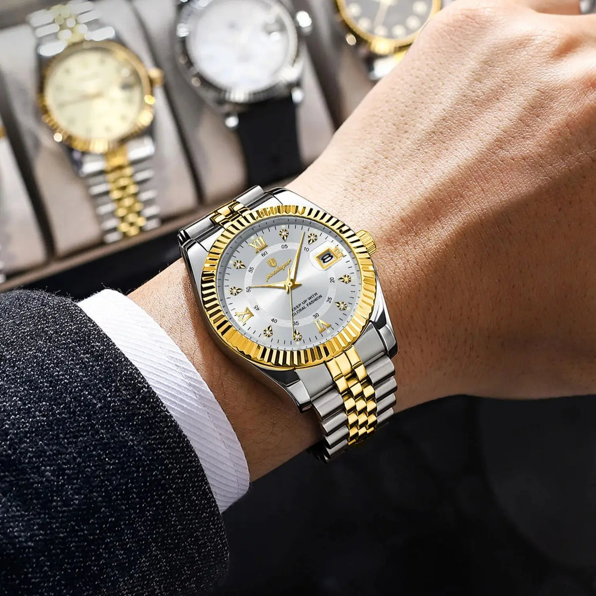 Klassiek en luxueus quartzhorloge voor heren van POEDAGAR – Roestvrijstalen kast, datumweergave, waterdicht, lichtgevende wijzers – Elegant polshorloge voor op het werk of formele gelegenheden