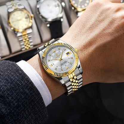 Klassiek en luxueus quartzhorloge voor heren van POEDAGAR – Roestvrijstalen kast, datumweergave, waterdicht, lichtgevende wijzers – Elegant polshorloge voor op het werk of formele gelegenheden