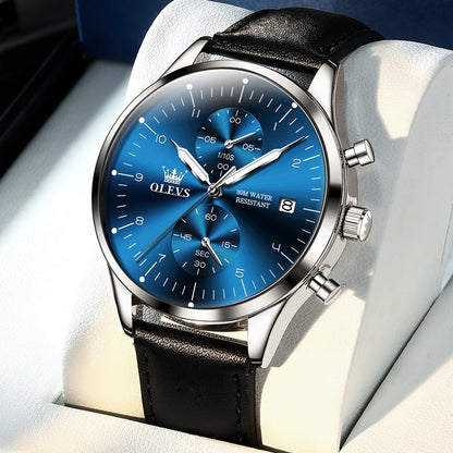 OLEVS 2880 Herrenuhr – Eleganter, schlichter Chronograph, Lederarmband, automatische Datumsanzeige, wasserdicht, leuchtende Zeiger, Quarzwerk.