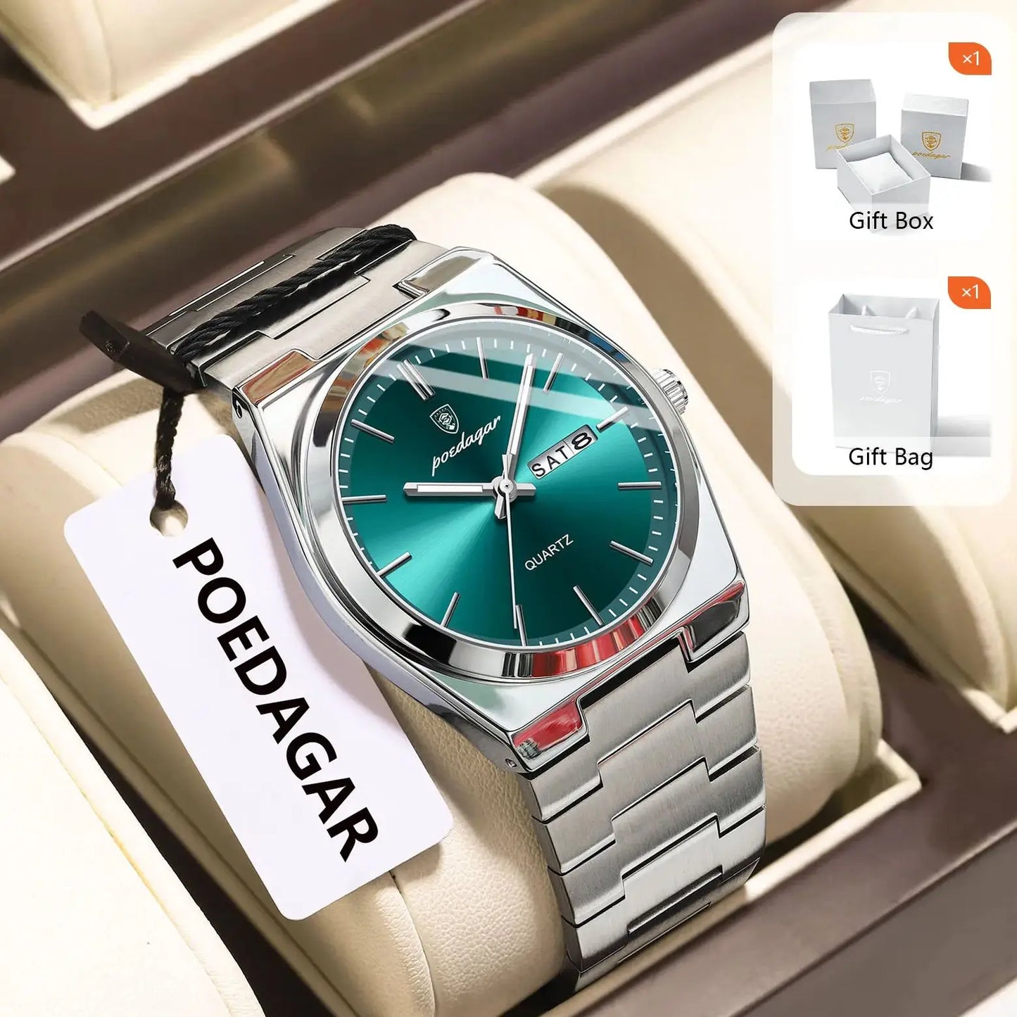 POEDAGAR Fashion Men Watch Waterproof Luminous Date Week Men's Watches Stainless Steel Functional Man Quartz Watch with Gift Box