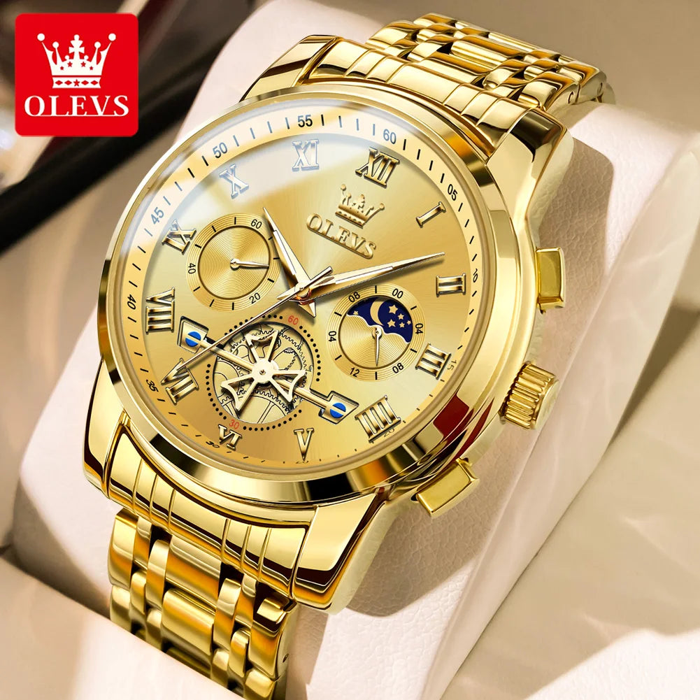 Reloj para hombre OLEVS 2859: modelo clásico y lujoso con números romanos, multifunción, resistente al agua, esfera luminiscente y mecanismo de cuarzo de alta calidad.