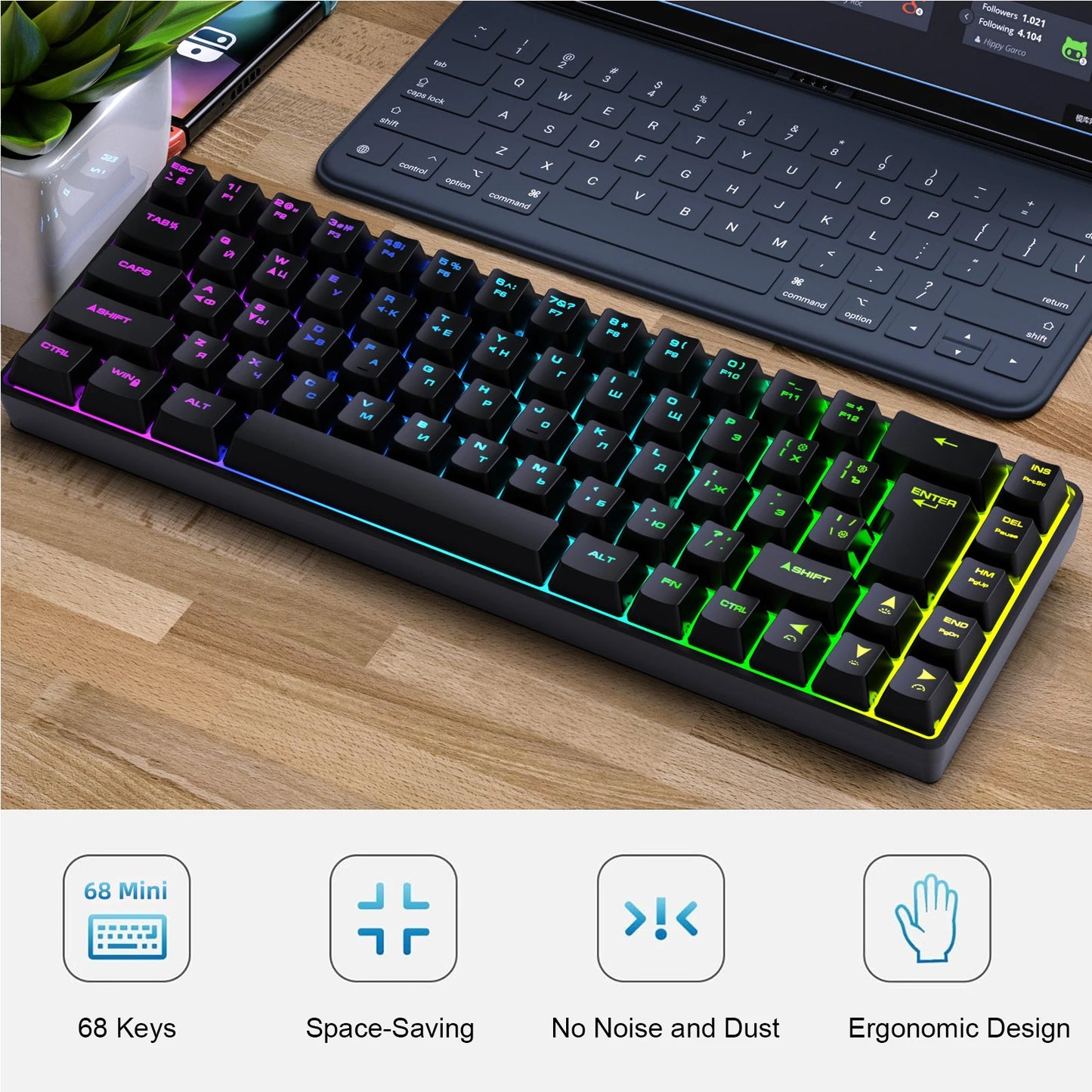 Mechanische Gaming-Tastatur mit 68 Tasten, Russisch/Englisch, zweisprachig, mit RGB-Hintergrundbeleuchtung fürs Gaming