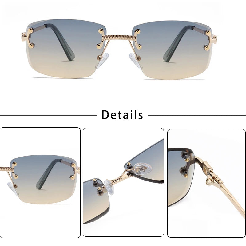 HBK Square Rimless Sunglasses Women Retro Metal Sun Glasses Men Luxury Party Business Gradient Shades 2024 Summer Style