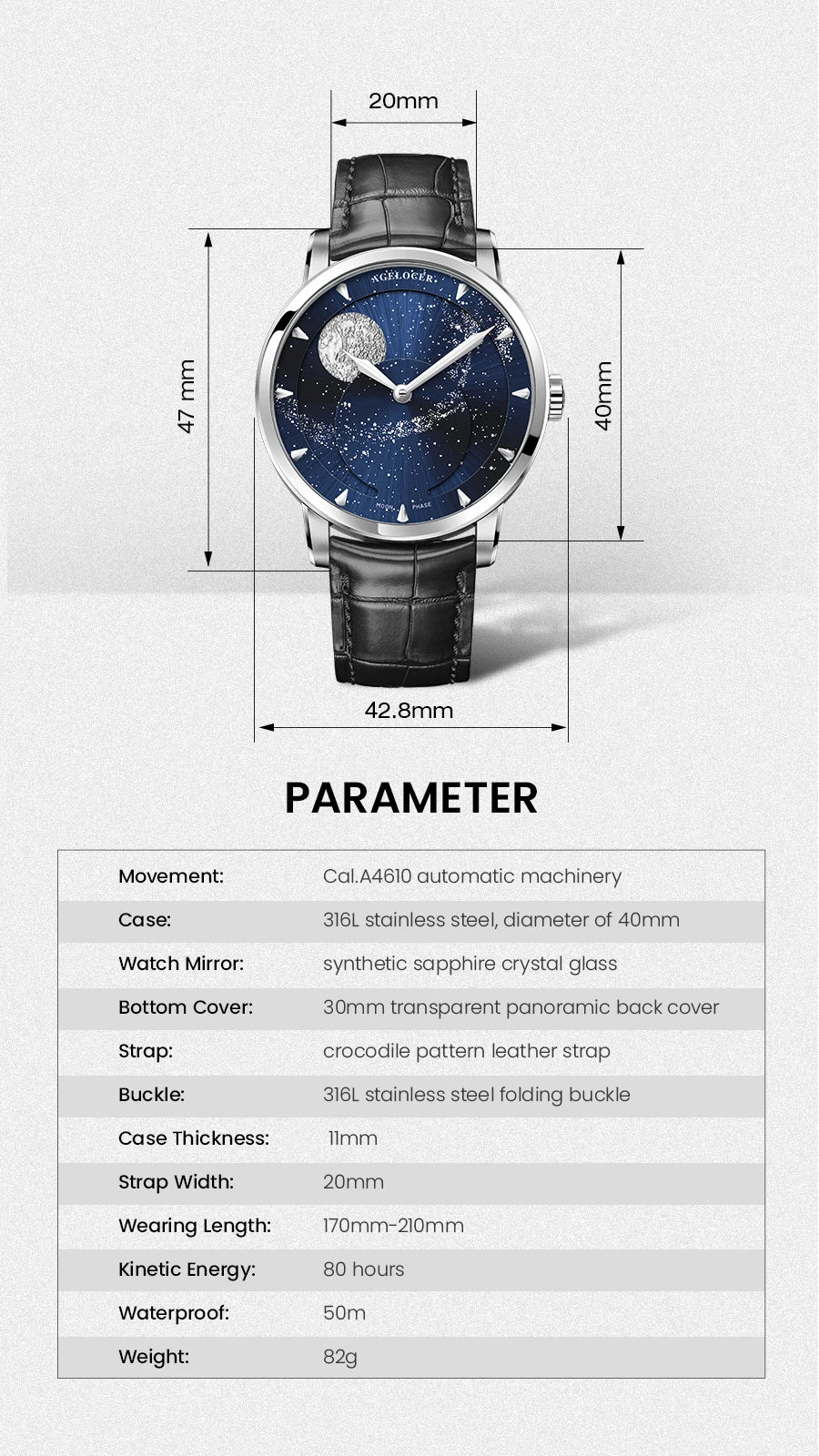 AGELOCER Original Astronomer Watch Men's Business Luxury Gold Watch Automatic Mechanical Moon Phase Watch Birthday Gift for Men