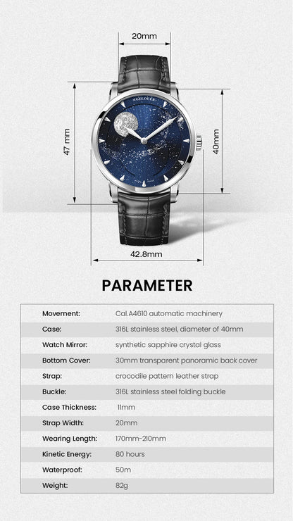 AGELOCER Original Astronomer Watch Men's Business Luxury Gold Watch Automatic Mechanical Moon Phase Watch Birthday Gift for Men