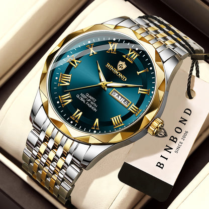 Luxe BINBOND Original Brand quartz-polshorloge voor heren, verlicht, waterdicht, automatische datum, weergave van de weekdag, casual stijl.